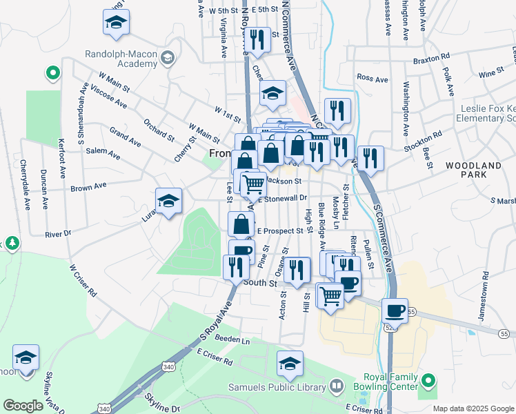 map of restaurants, bars, coffee shops, grocery stores, and more near 206 South Royal Avenue in Front Royal