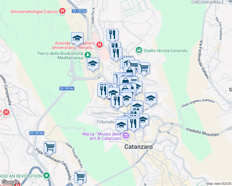 map of restaurants, bars, coffee shops, grocery stores, and more near Traversa Antonino Panella in Catanzaro