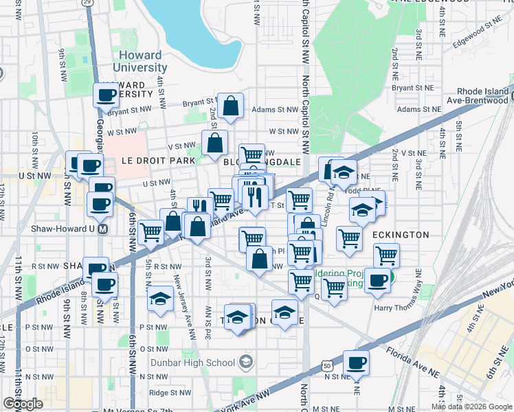 map of restaurants, bars, coffee shops, grocery stores, and more near 1st St NW & T St NW in Washington