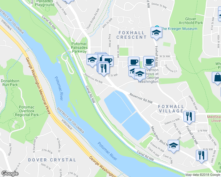 map of restaurants, bars, coffee shops, grocery stores, and more near 4824 Reservoir Road Northwest in Washington