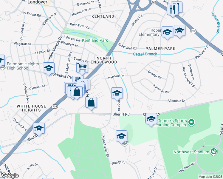 map of restaurants, bars, coffee shops, grocery stores, and more near 1823 Village Green Drive in Hyattsville
