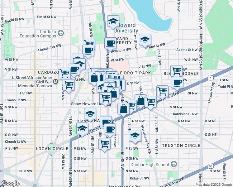 map of restaurants, bars, coffee shops, grocery stores, and more near 618 T Street Northwest in Washington
