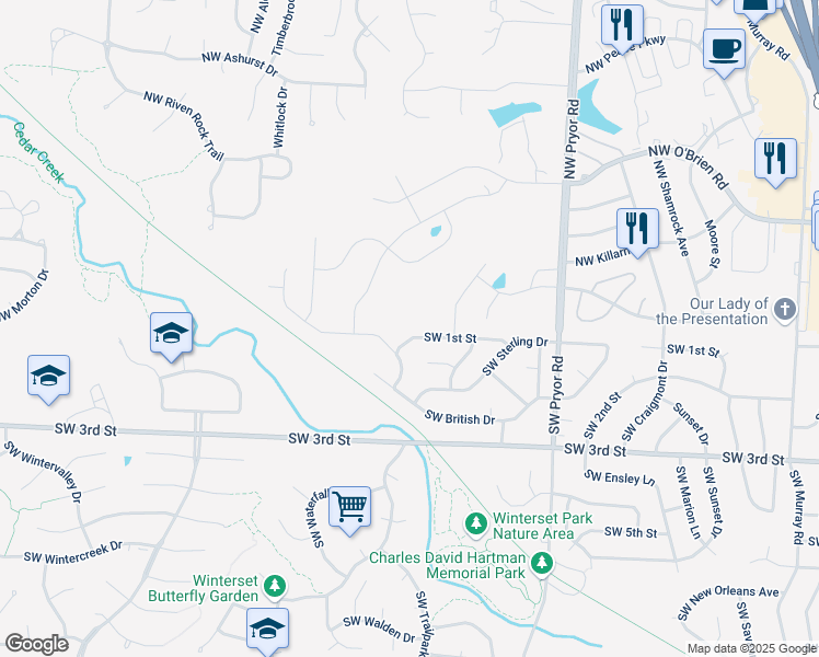 map of restaurants, bars, coffee shops, grocery stores, and more near 2124 Southwest 1 Street in Lee's Summit