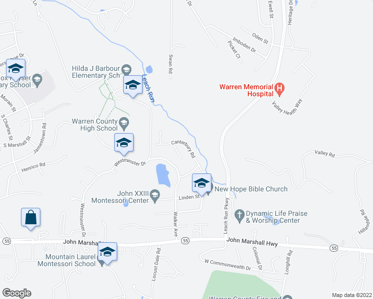 map of restaurants, bars, coffee shops, grocery stores, and more near 1453 Canterbury Road in Front Royal