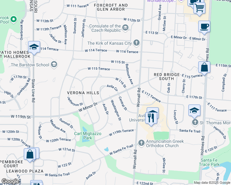 map of restaurants, bars, coffee shops, grocery stores, and more near 204 Avila Circle in Kansas City