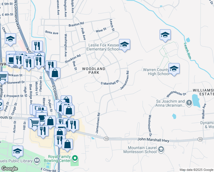 map of restaurants, bars, coffee shops, grocery stores, and more near 75 South Marshall Street in Front Royal