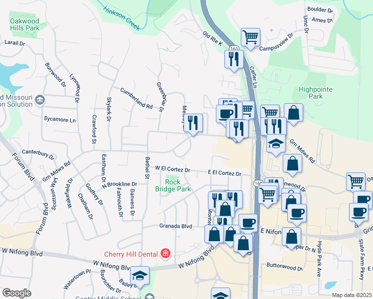 map of restaurants, bars, coffee shops, grocery stores, and more near GREEN Meadow Lane in Columbia