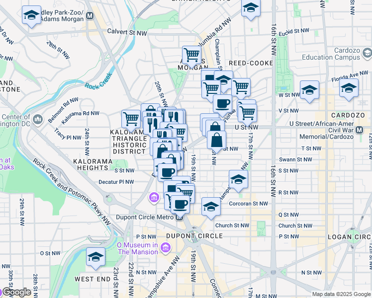 map of restaurants, bars, coffee shops, grocery stores, and more near 1912 T Street Northwest in Washington