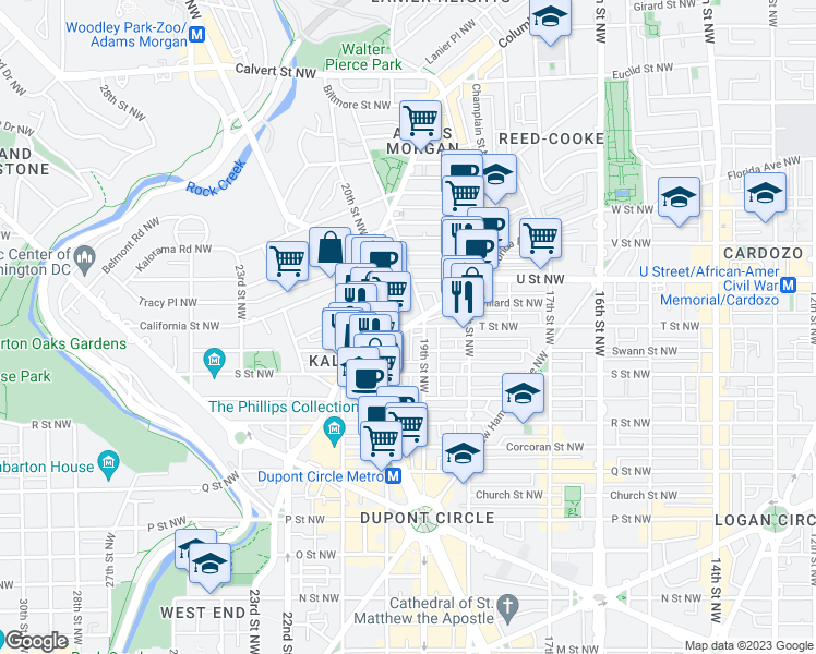 map of restaurants, bars, coffee shops, grocery stores, and more near Florida Ave NW & T St NW in Washington