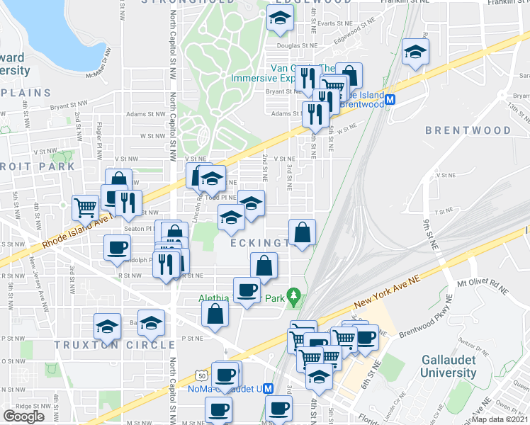 map of restaurants, bars, coffee shops, grocery stores, and more near 2nd St NE & T St NE in Washington