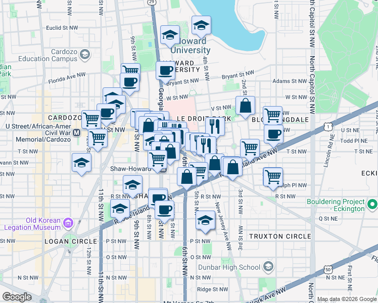 map of restaurants, bars, coffee shops, grocery stores, and more near 101 Independence Avenue Southeast in Washington