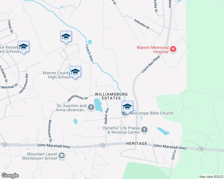 map of restaurants, bars, coffee shops, grocery stores, and more near 1453 Canterbury Road in Front Royal