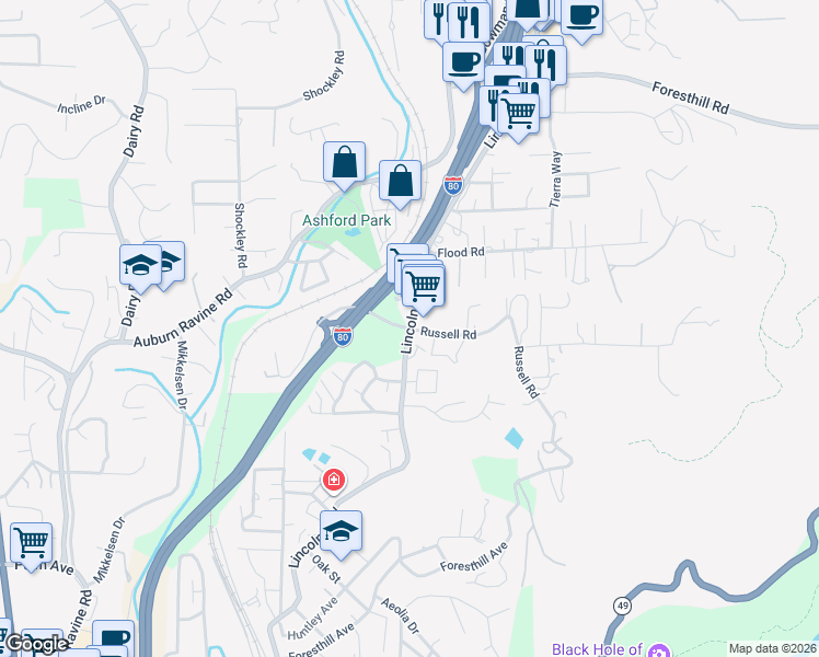 map of restaurants, bars, coffee shops, grocery stores, and more near Lincoln Way & Russell Road in North Auburn