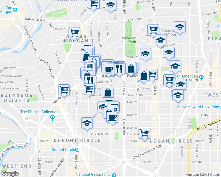 map of restaurants, bars, coffee shops, grocery stores, and more near 17th Street Northwest & T Street Northwest in Washington