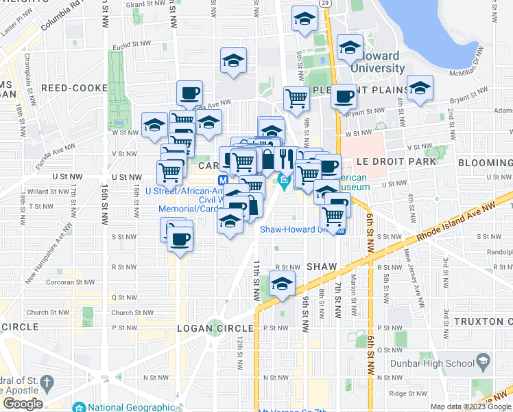 map of restaurants, bars, coffee shops, grocery stores, and more near 1899 11th Street Northwest in Washington