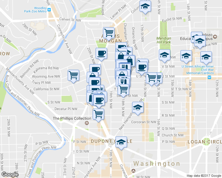 map of restaurants, bars, coffee shops, grocery stores, and more near 1905 T St NW in Washington