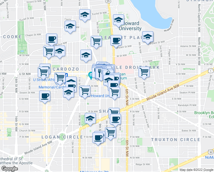 map of restaurants, bars, coffee shops, grocery stores, and more near T Street Northwest & 8th Street Northwest in Washington