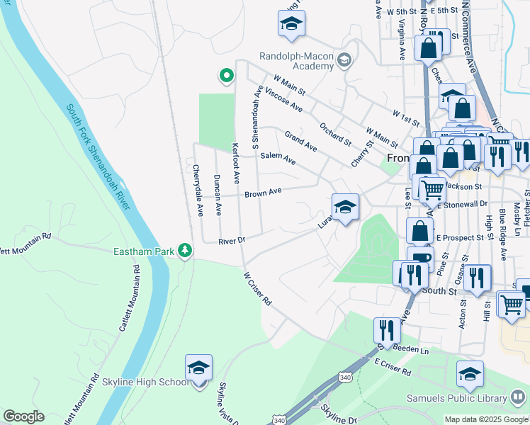 map of restaurants, bars, coffee shops, grocery stores, and more near 420 South Shenandoah Avenue in Front Royal