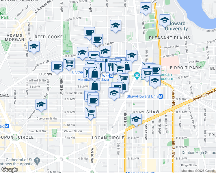 map of restaurants, bars, coffee shops, grocery stores, and more near 13th St NW & T St NW in Washington