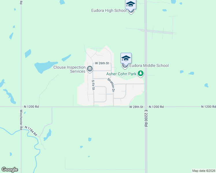 map of restaurants, bars, coffee shops, grocery stores, and more near 2639 Stratton Drive in Eudora