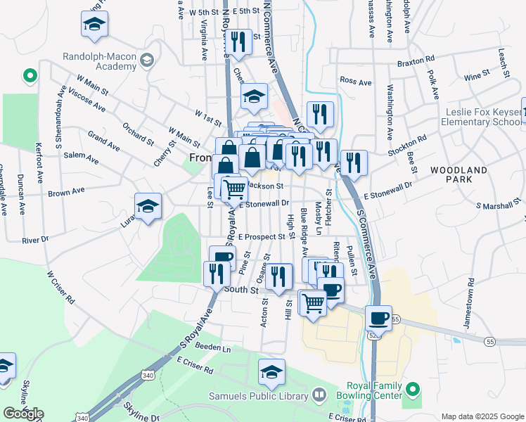 map of restaurants, bars, coffee shops, grocery stores, and more near 208 Church Street in Front Royal