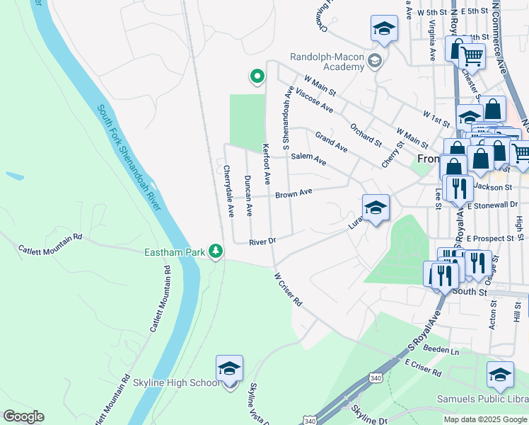 map of restaurants, bars, coffee shops, grocery stores, and more near 408 Kerfoot Avenue in Front Royal