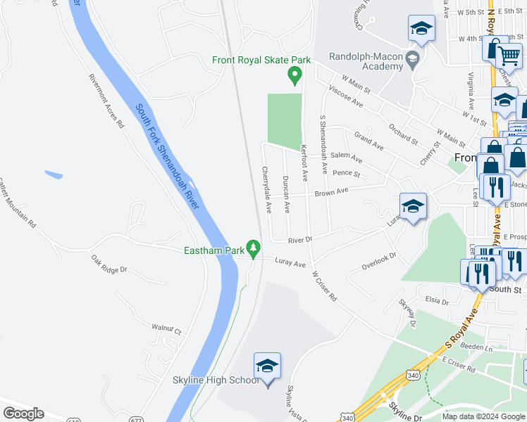 map of restaurants, bars, coffee shops, grocery stores, and more near 406 Cherrydale Avenue in Front Royal