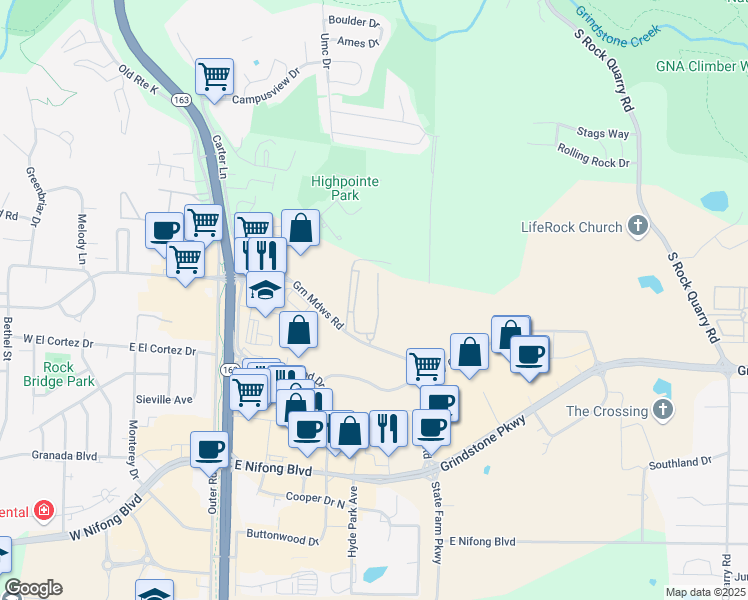 map of restaurants, bars, coffee shops, grocery stores, and more near 809 East Green Meadows Road in Columbia