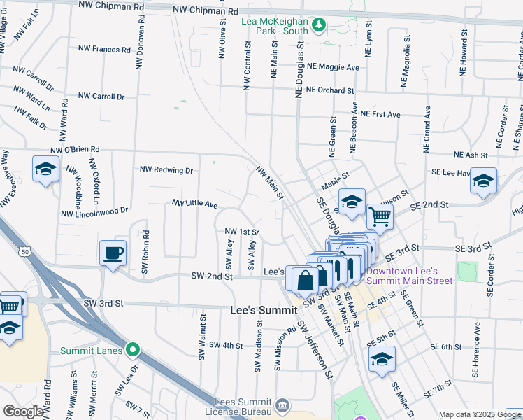 map of restaurants, bars, coffee shops, grocery stores, and more near 209 Northwest Gibson Court in Lee's Summit