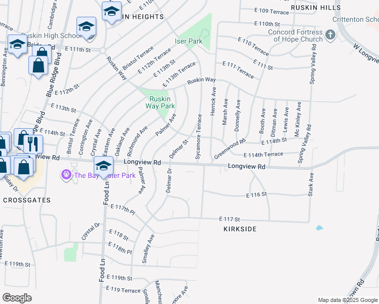 map of restaurants, bars, coffee shops, grocery stores, and more near 11405 Delmar Street in Kansas City