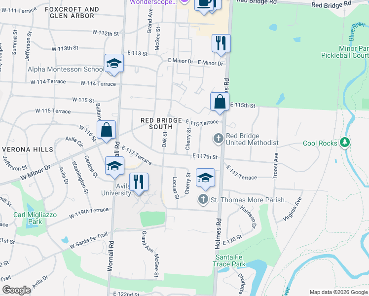 map of restaurants, bars, coffee shops, grocery stores, and more near 11623 Cherry Street in Kansas City