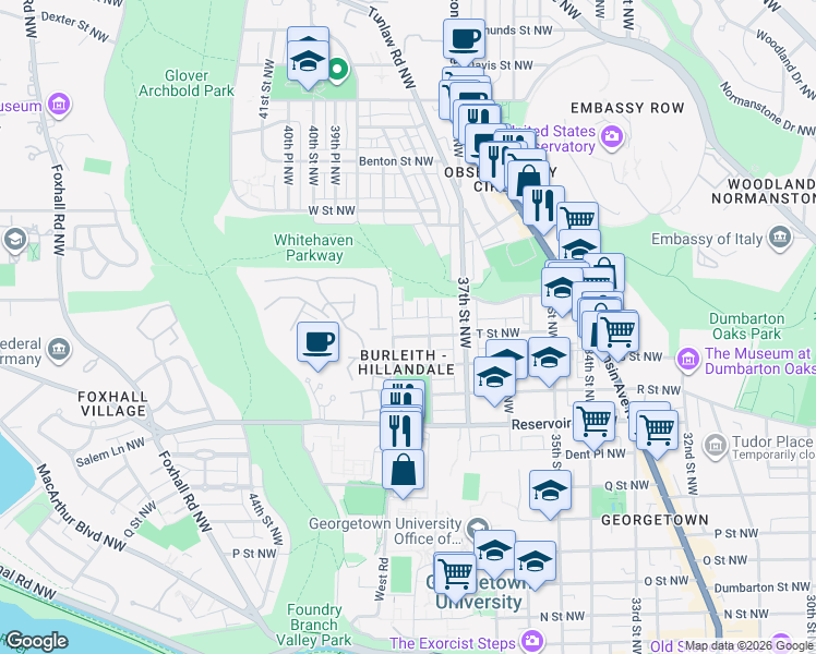 map of restaurants, bars, coffee shops, grocery stores, and more near 3819 T Street Northwest in Washington