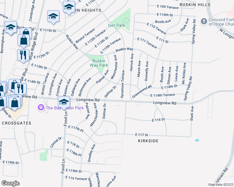 map of restaurants, bars, coffee shops, grocery stores, and more near 11405 Delmar Street in Kansas City