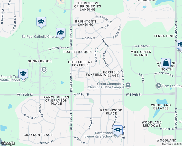 map of restaurants, bars, coffee shops, grocery stores, and more near 11718 South Marion Street in Olathe