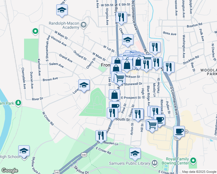map of restaurants, bars, coffee shops, grocery stores, and more near 205 Lee Street in Front Royal