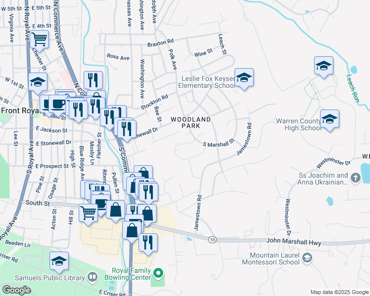 map of restaurants, bars, coffee shops, grocery stores, and more near 713 Woodlawn Avenue in Front Royal