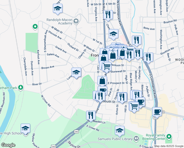 map of restaurants, bars, coffee shops, grocery stores, and more near 124 West Stonewall Drive in Front Royal