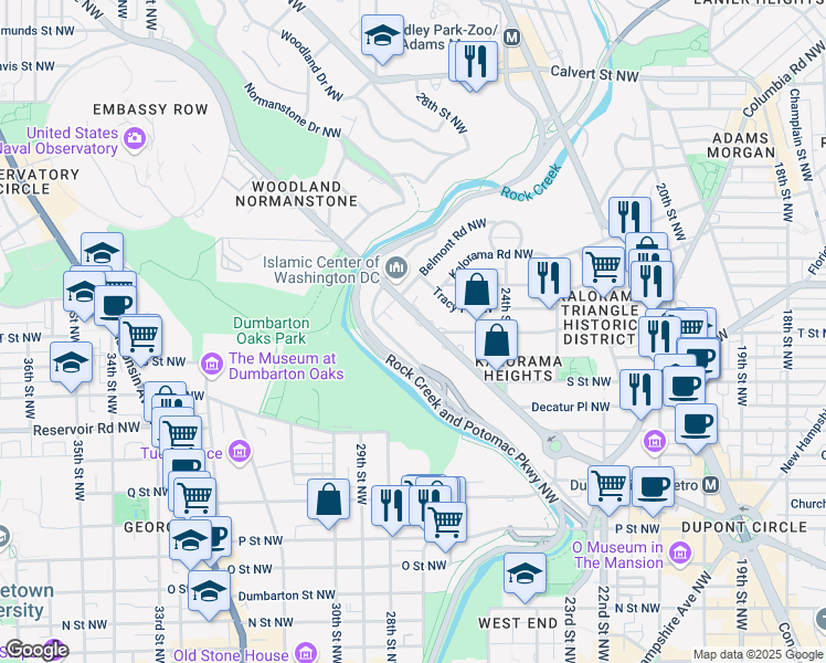 map of restaurants, bars, coffee shops, grocery stores, and more near 2520 Massachusetts Avenue Northwest in Washington