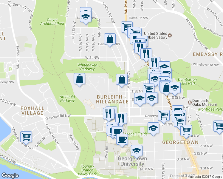 map of restaurants, bars, coffee shops, grocery stores, and more near 3827 T Street Northwest in Washington
