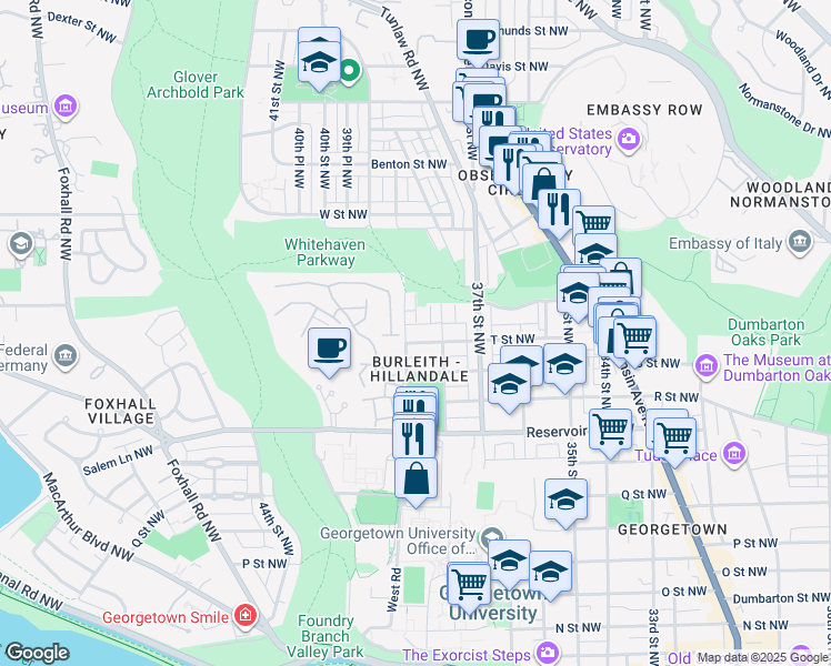 map of restaurants, bars, coffee shops, grocery stores, and more near 3827 T Street Northwest in Washington