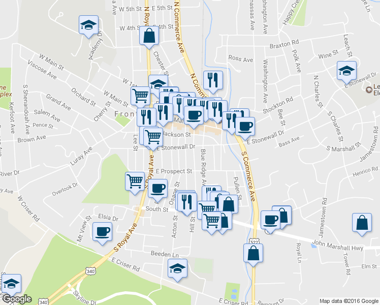 map of restaurants, bars, coffee shops, grocery stores, and more near 208 Cloud Street in Front Royal