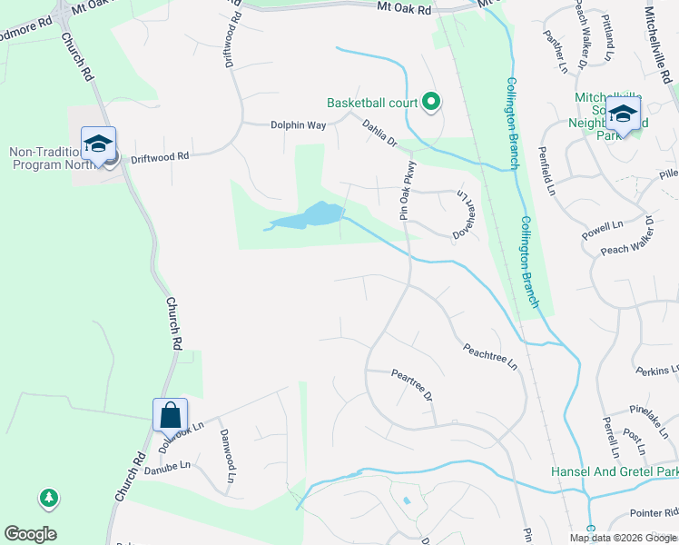 map of restaurants, bars, coffee shops, grocery stores, and more near 1823 Peachtree Lane in Bowie