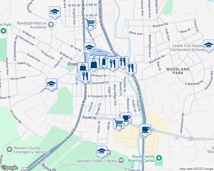 map of restaurants, bars, coffee shops, grocery stores, and more near 208 Cloud Street in Front Royal