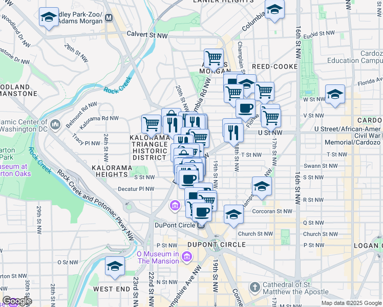 map of restaurants, bars, coffee shops, grocery stores, and more near 1875 Connecticut Avenue Northwest in Washington