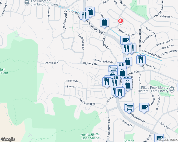 map of restaurants, bars, coffee shops, grocery stores, and more near 5764 University Village View in Colorado Springs