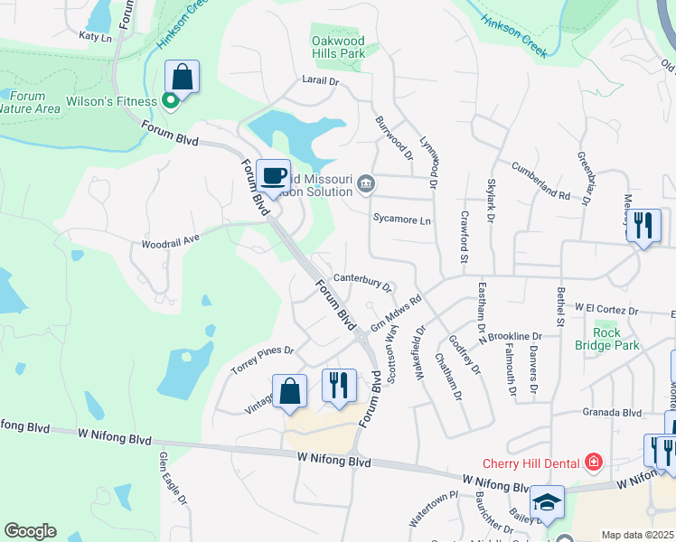 map of restaurants, bars, coffee shops, grocery stores, and more near 1125 Canterbury Drive in Columbia
