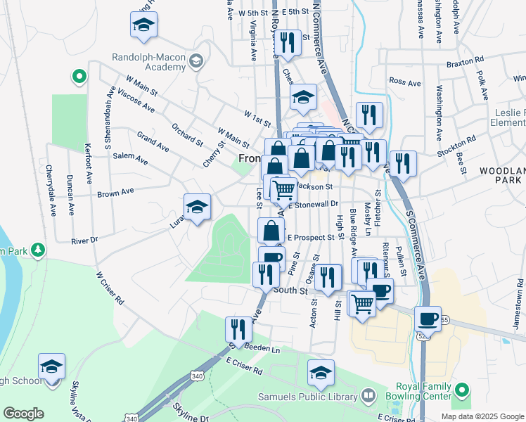 map of restaurants, bars, coffee shops, grocery stores, and more near 24 West Stonewall Drive in Front Royal