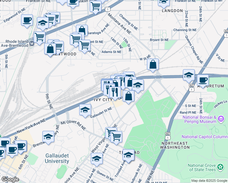 map of restaurants, bars, coffee shops, grocery stores, and more near 1401 New York Avenue Northeast in Washington