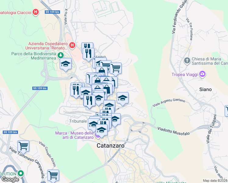 map of restaurants, bars, coffee shops, grocery stores, and more near 17 Via Luigi Pascali in Catanzaro