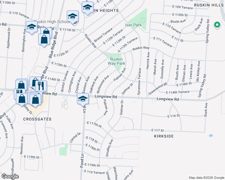 map of restaurants, bars, coffee shops, grocery stores, and more near 11419 Palmer Avenue in Kansas City